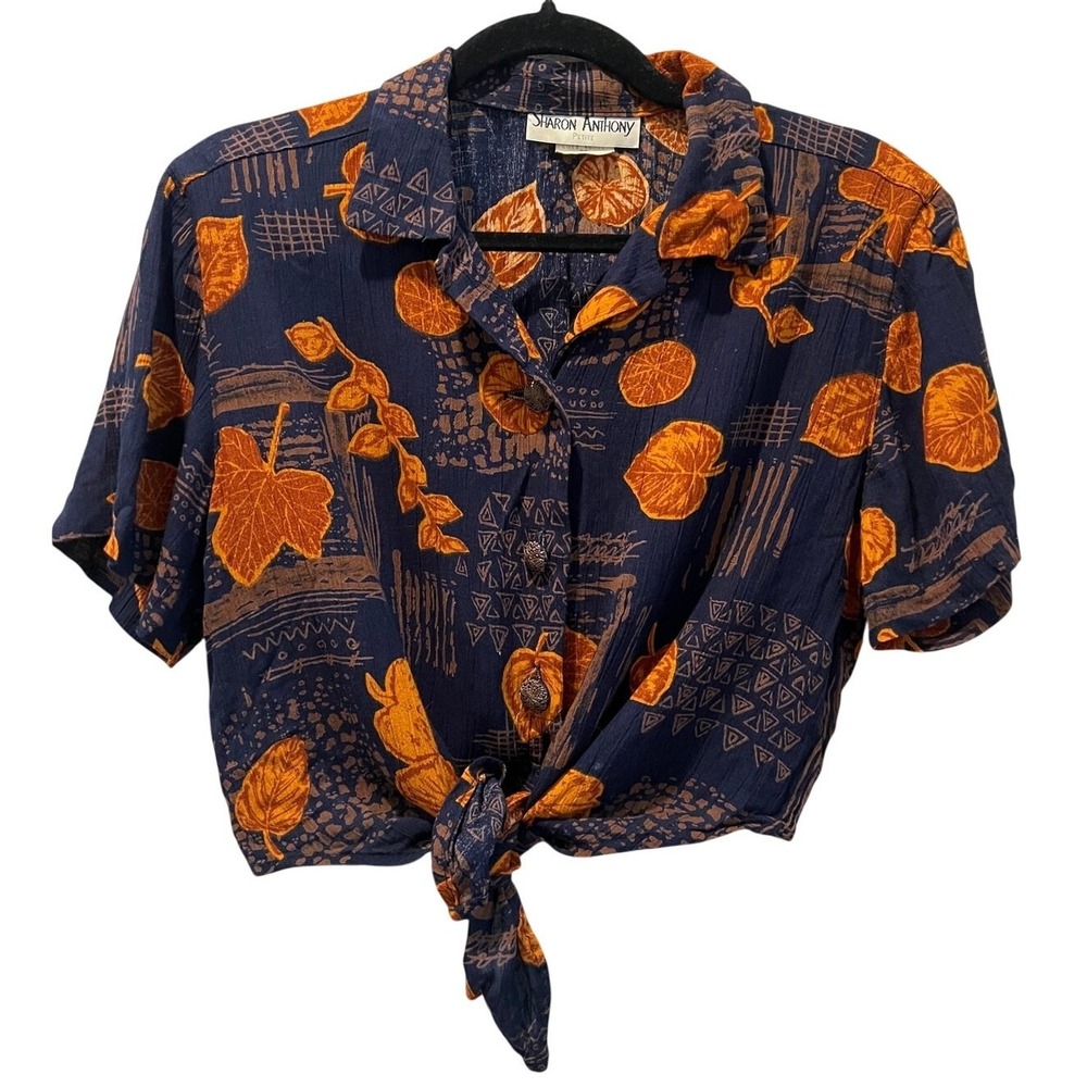 Vintage Sharon Anthony Women's Crop Top ‎ 8P Shirt Tie Front Navy Orange Boho